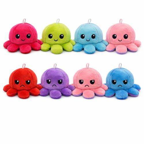 USTASS Pack de 4 colores – Peluche de pulpo reversible 10 cm – Doble cara de humor feliz y gruñón con enganche – Kawaii