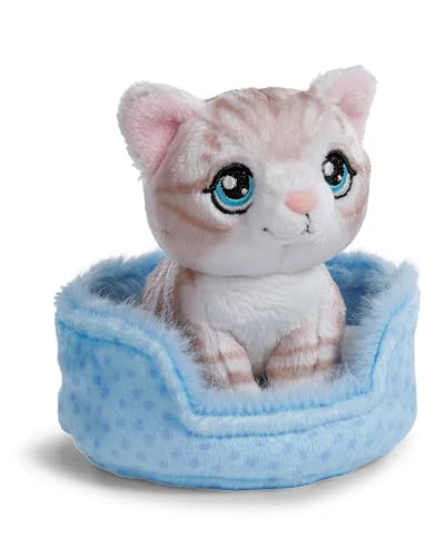 NICI gato atigrado gris en cestita, peluche realista de la línea sostenible NICI Green
